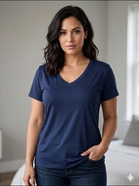 Boutique Navy Blue V-Neck Short Sleeve Top Size XL (EUC)